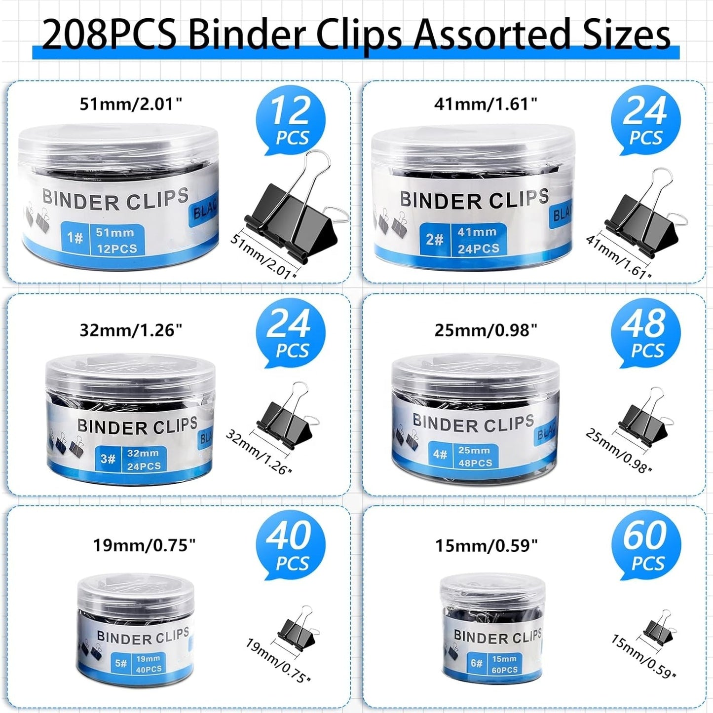 Pack of 606 Mini Binder Clips (15mm, 60 pcs)